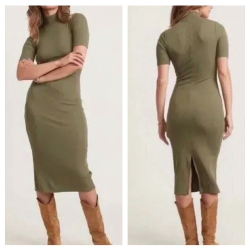 Marine Layer Lexi Rib Mock Neck Midi Dress Short Sleeve Olive Green Size M 13823